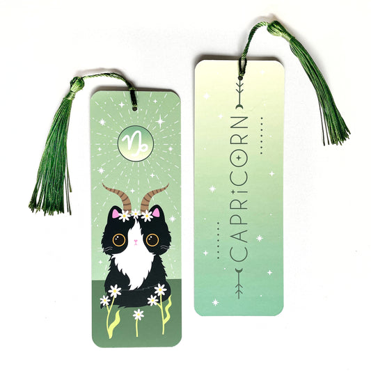 Capricorn astrology bookmark - capricorn cat on green background