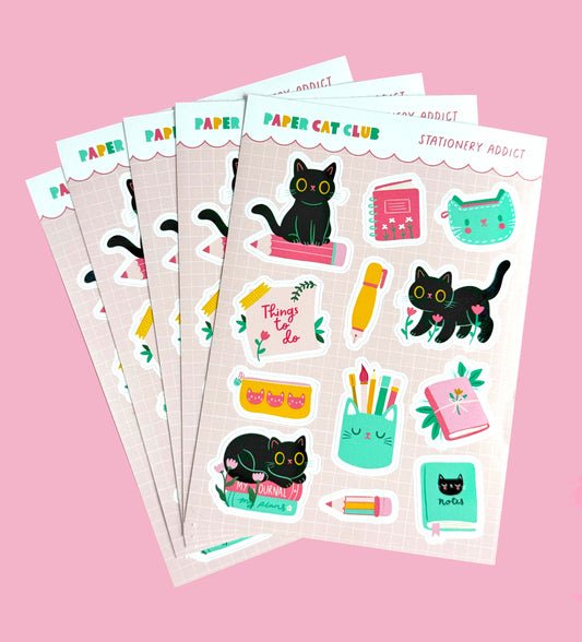 A6 sticker sheet with various cute cat-themed stationery item stickers.