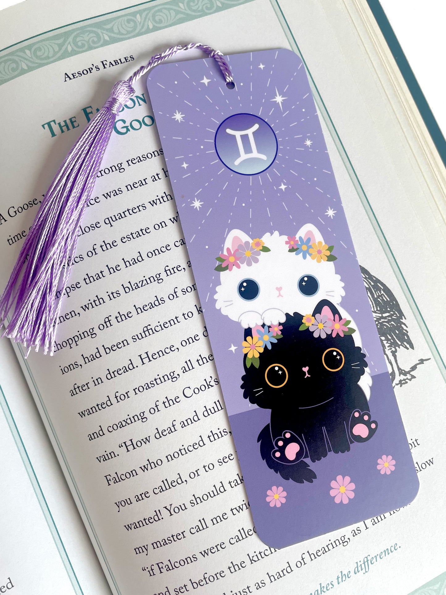 Gemini bookmark - 2 cats and flowers - cute and kawaii style