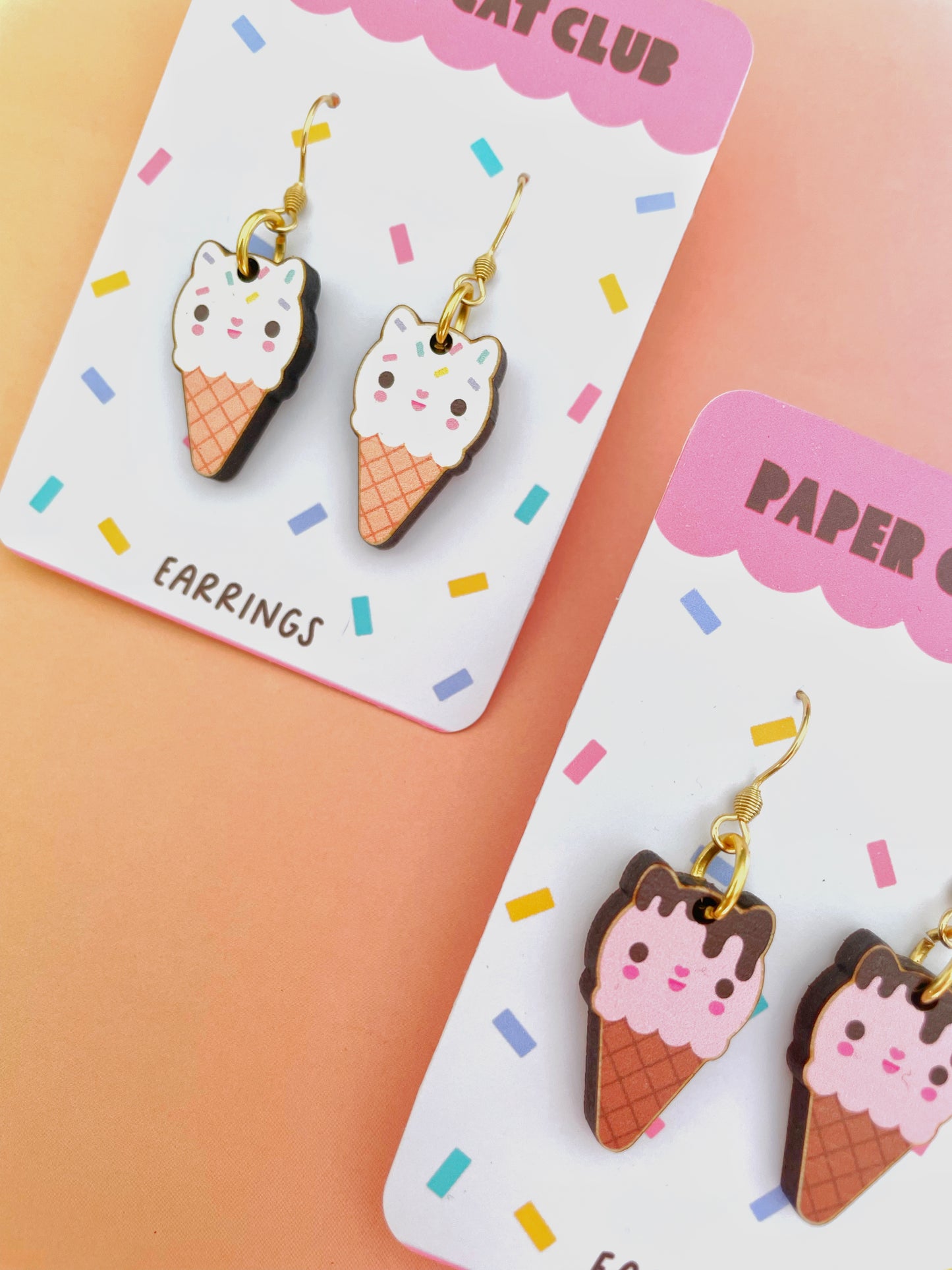Strawberry ice cream cute cat earrings - kawaii wood earrings, cat lover birthday present