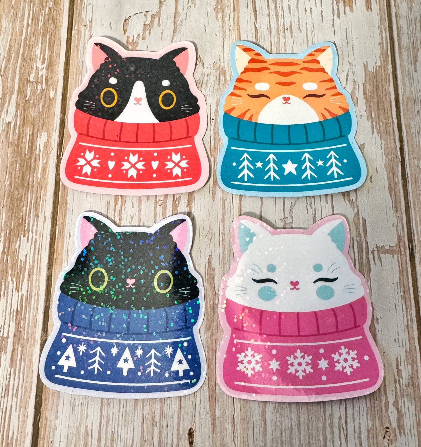 Cozy Cats Christmas Stickers – Sparkly Vinyl Cat Stickers for Planners & Journals