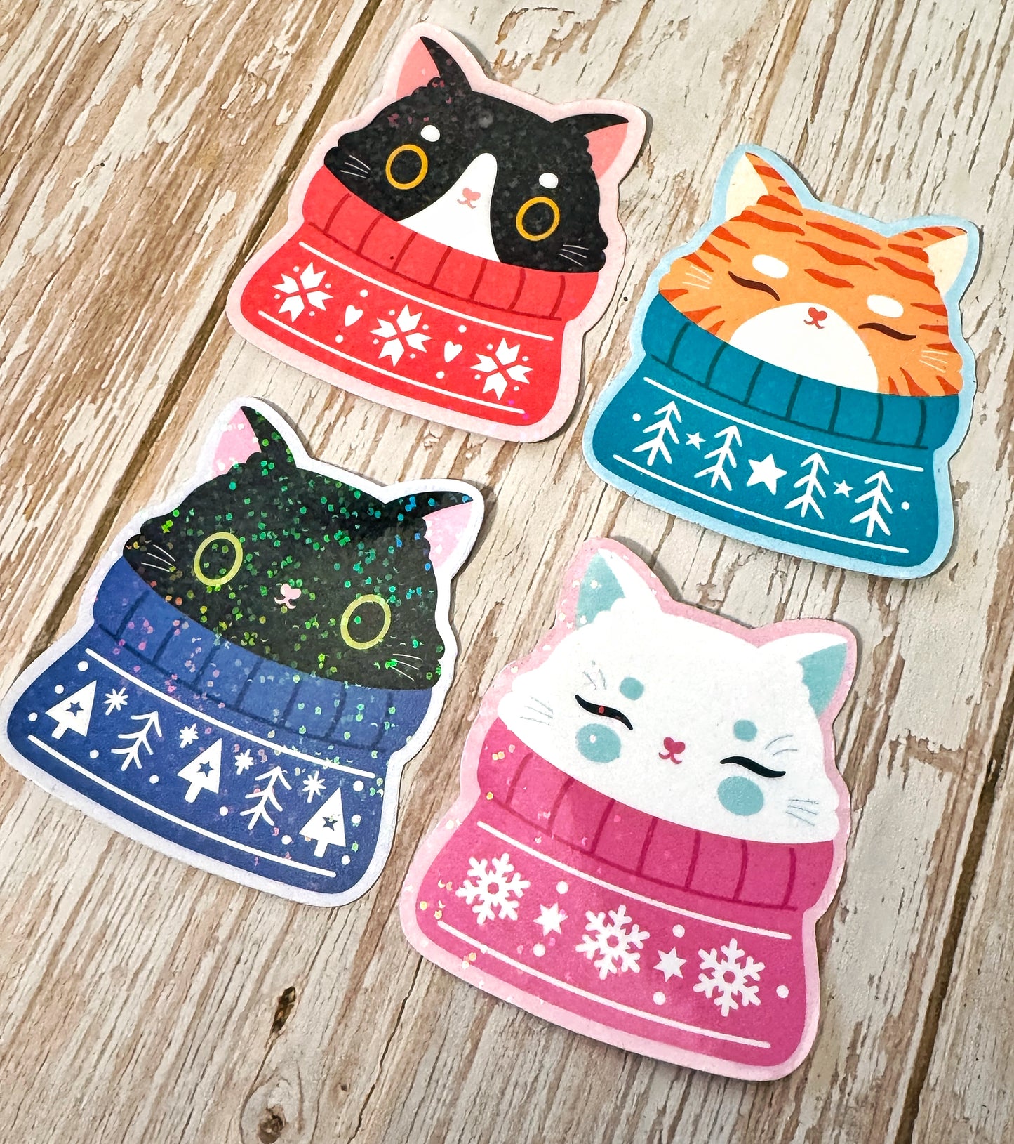Cozy Cats Christmas Stickers – Sparkly Vinyl Cat Stickers for Planners & Journals