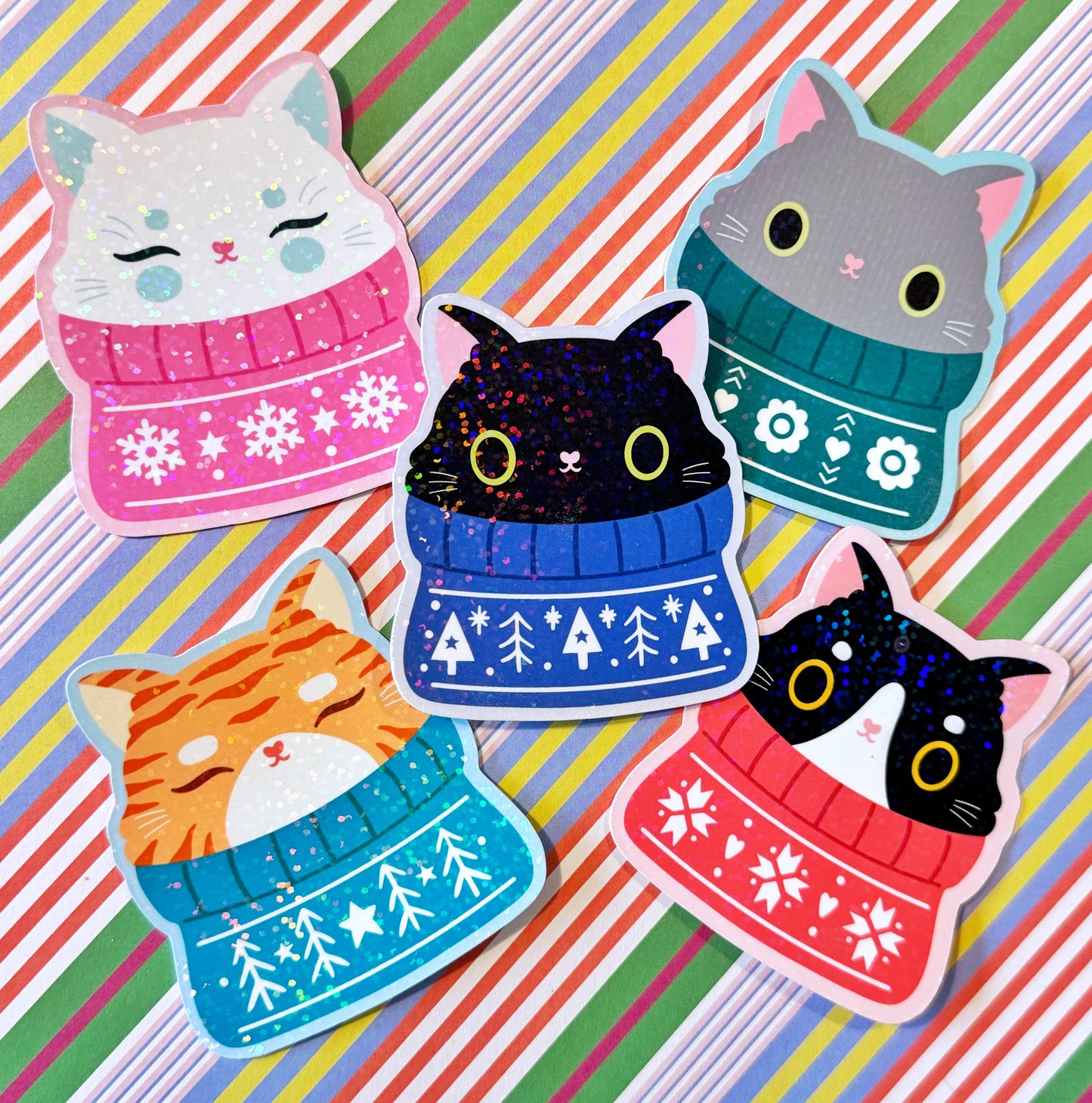 Cozy Cats Christmas Stickers – Sparkly Vinyl Cat Stickers for Planners & Journals