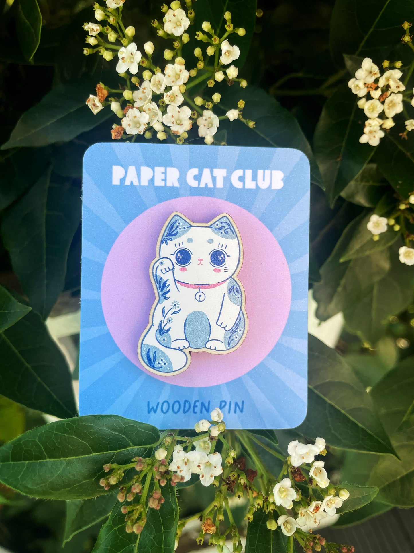 Lucky Cat wood pin - cute kawaii lucky cat pin badge made from sustainable wood