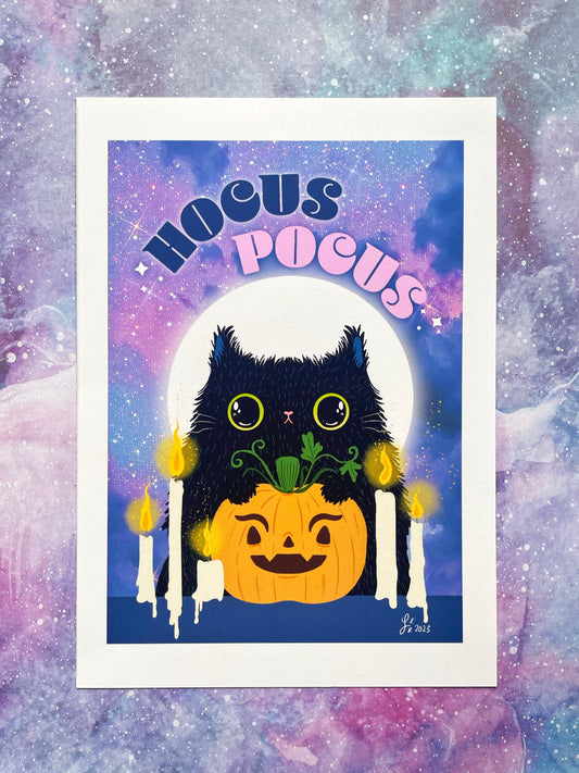 Hocus Pocus halloween cat art print - black cat lover - kawaii halloween art