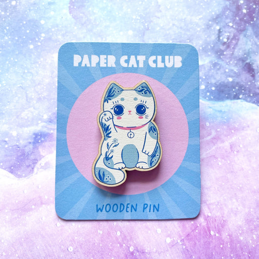Lucky Cat wood pin - cute kawaii lucky cat pin badge made from sustainable wood