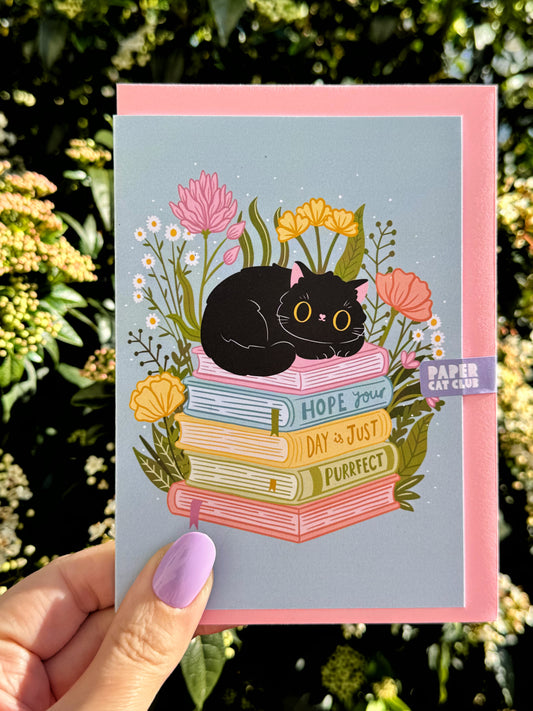 Hope your day is purrfect - Cute Cat Greeting Card for Book Lovers - eco friendly recycled