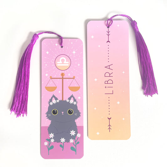 Cute Libra star sign bookmark illustration of a cat on pink background zodiac gift