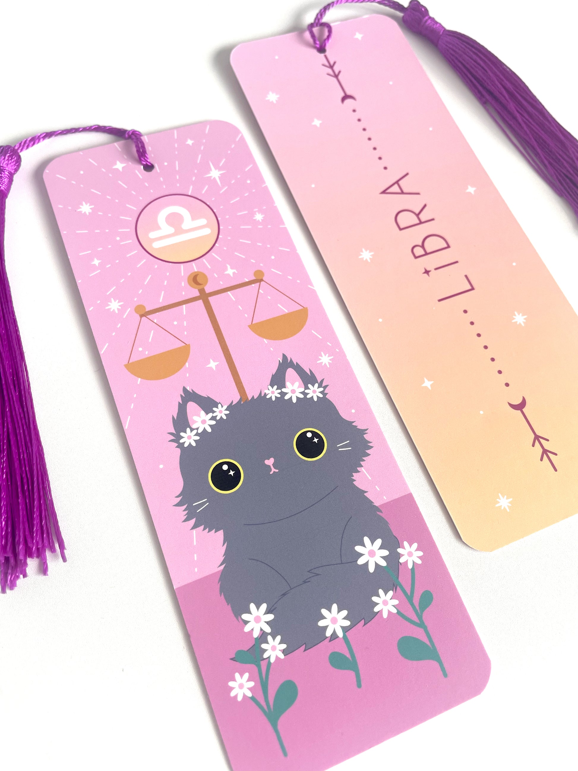Super cute kawaii bookmark Libra astrology sign cat with pink and yellow hues