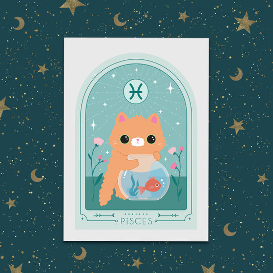 Pisces Zodiac Kitty Art print cute star sign print - Astrology art