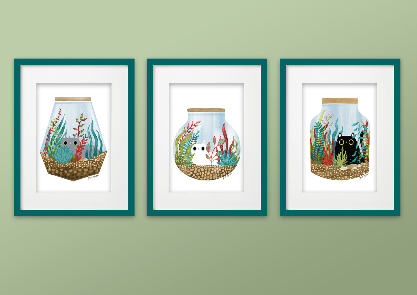 Black Cat Purrarium art print - cute kawaii art print - terrarium cat art print