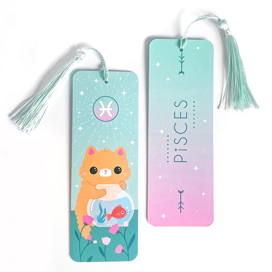Cute star sign Pisces bookmark - astrology and cat themed