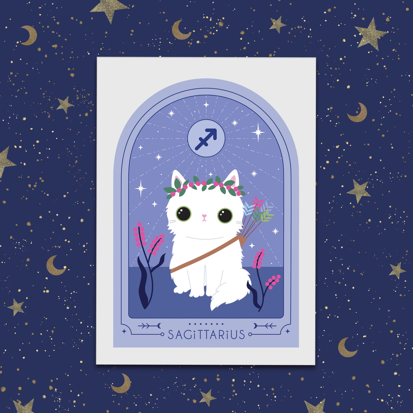 Cute white cat wearing arrows in a Sagittarius Zodiac Art Print. Perfect astrology gift for Sagittarius, ideal as a Sagittarius birthday gift or cat star sign art.