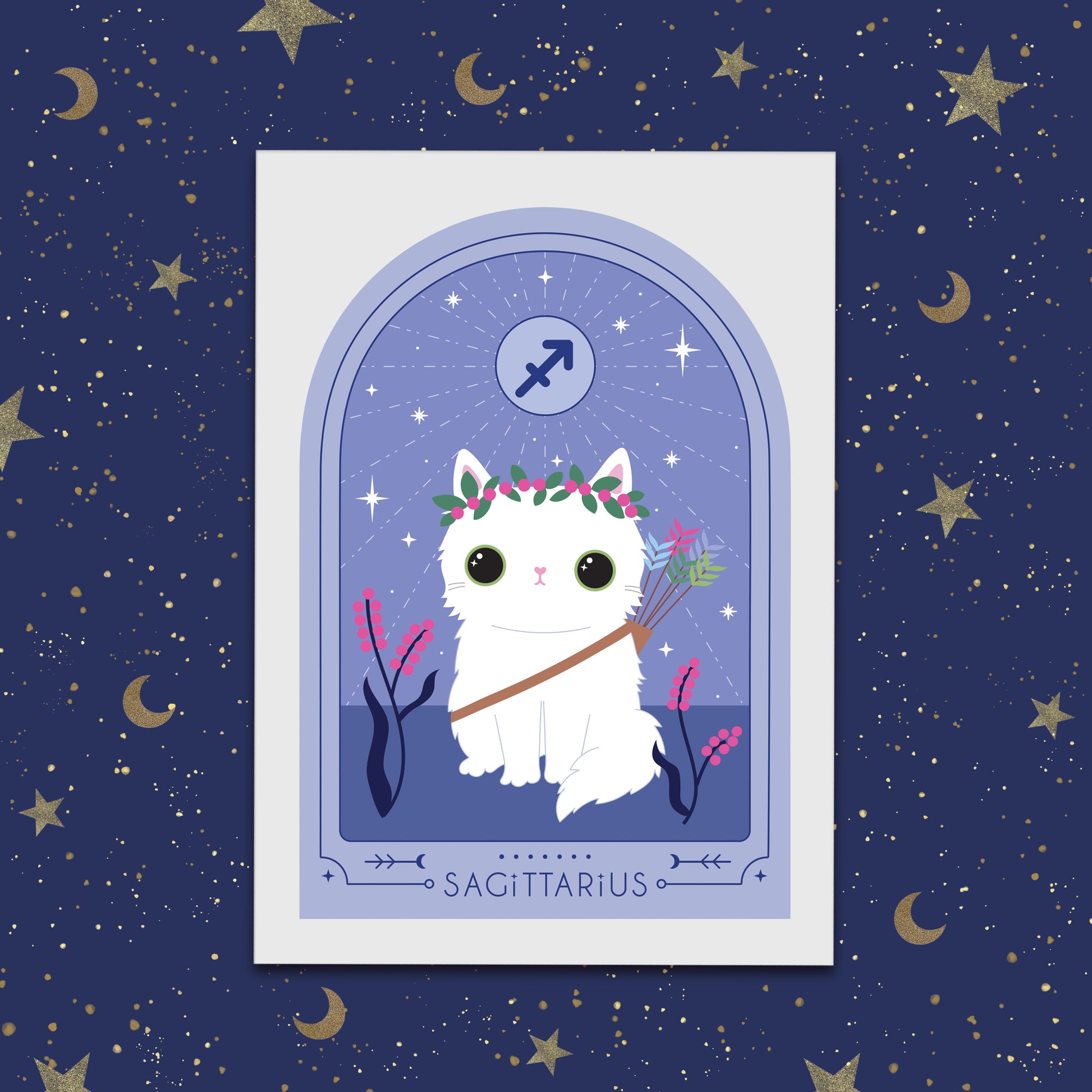 Cute white cat wearing arrows in a Sagittarius Zodiac Art Print. Perfect astrology gift for Sagittarius, ideal as a Sagittarius birthday gift or cat star sign art.