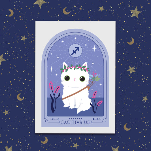 Cute white cat wearing arrows in a Sagittarius Zodiac Art Print. Perfect astrology gift for Sagittarius, ideal as a Sagittarius birthday gift or cat star sign art.