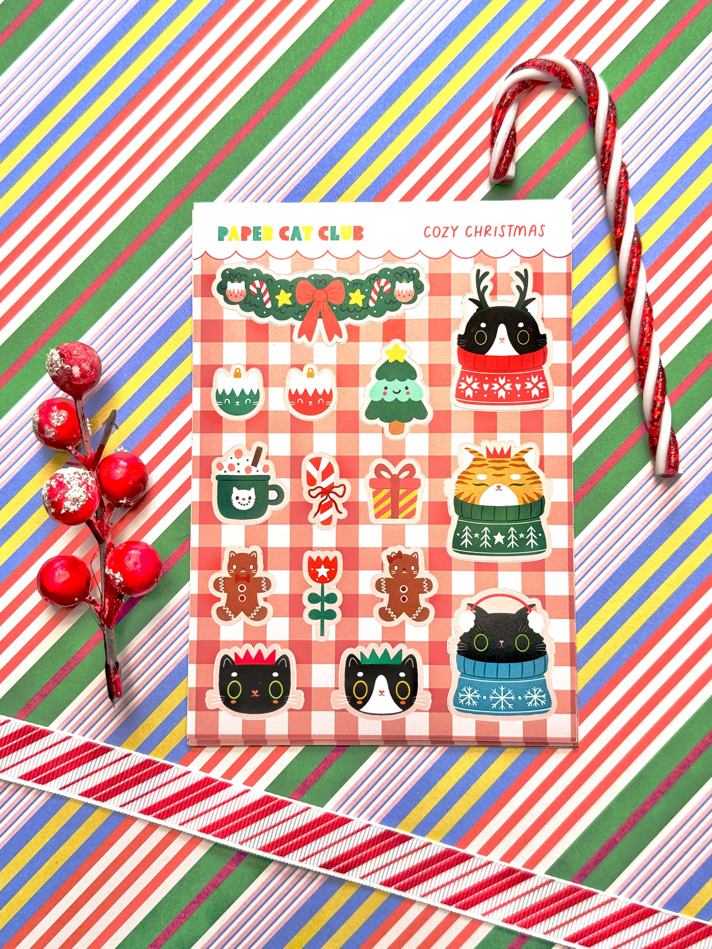 Cozy Cat Christmas Sticker Sheet – Cute Festive Stickers for Planners & Journals