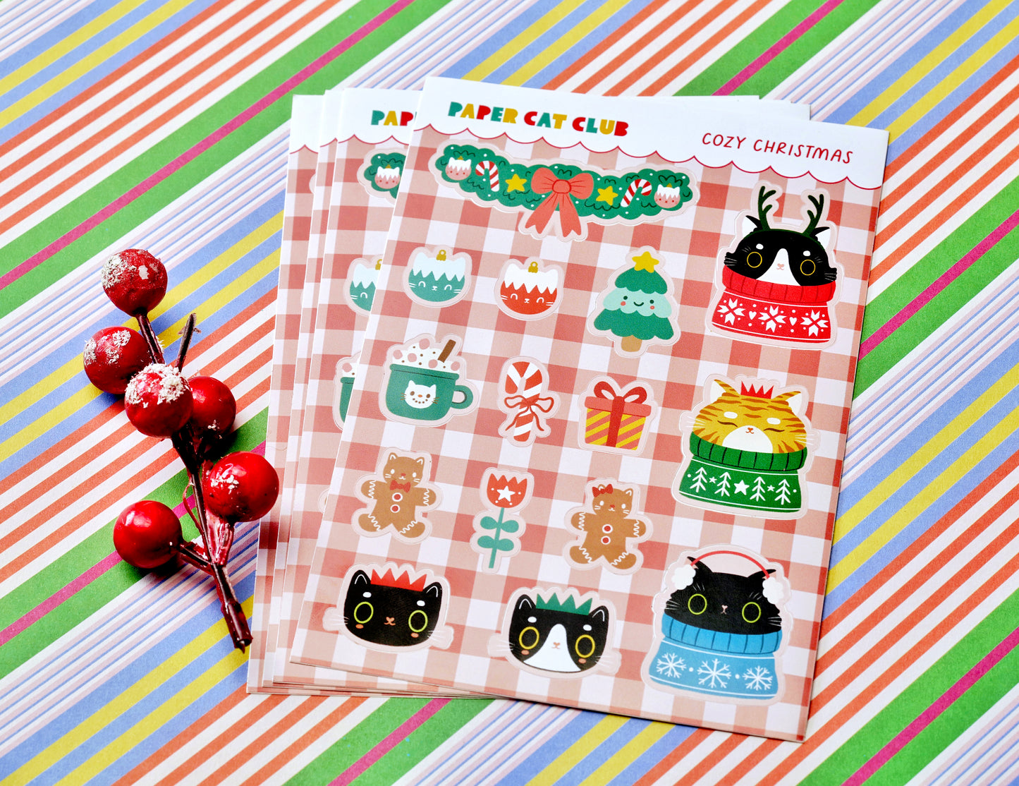 Cozy Cat Christmas Sticker Sheet – Cute Festive Stickers for Planners & Journals