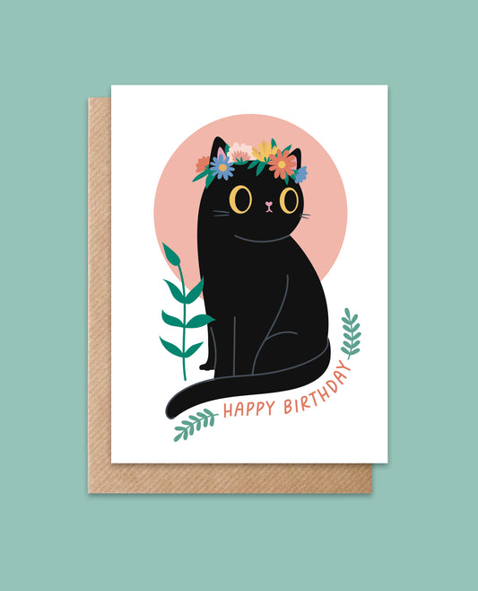 Happy Birthday Card -Summer Floral crown black cat -  eco friendly card