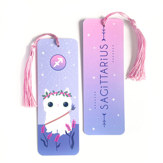 Cute sagittarius bookmark - star sign and cat themed - pink and lilac with a pink tassle