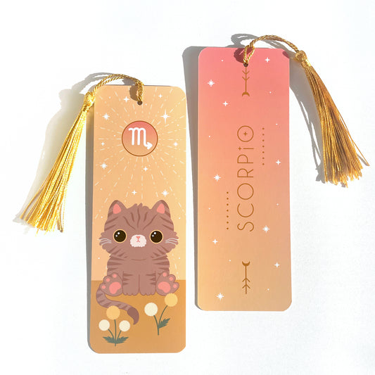 Scorpio bookmark - cute astrology cat bookmark with golden tassle