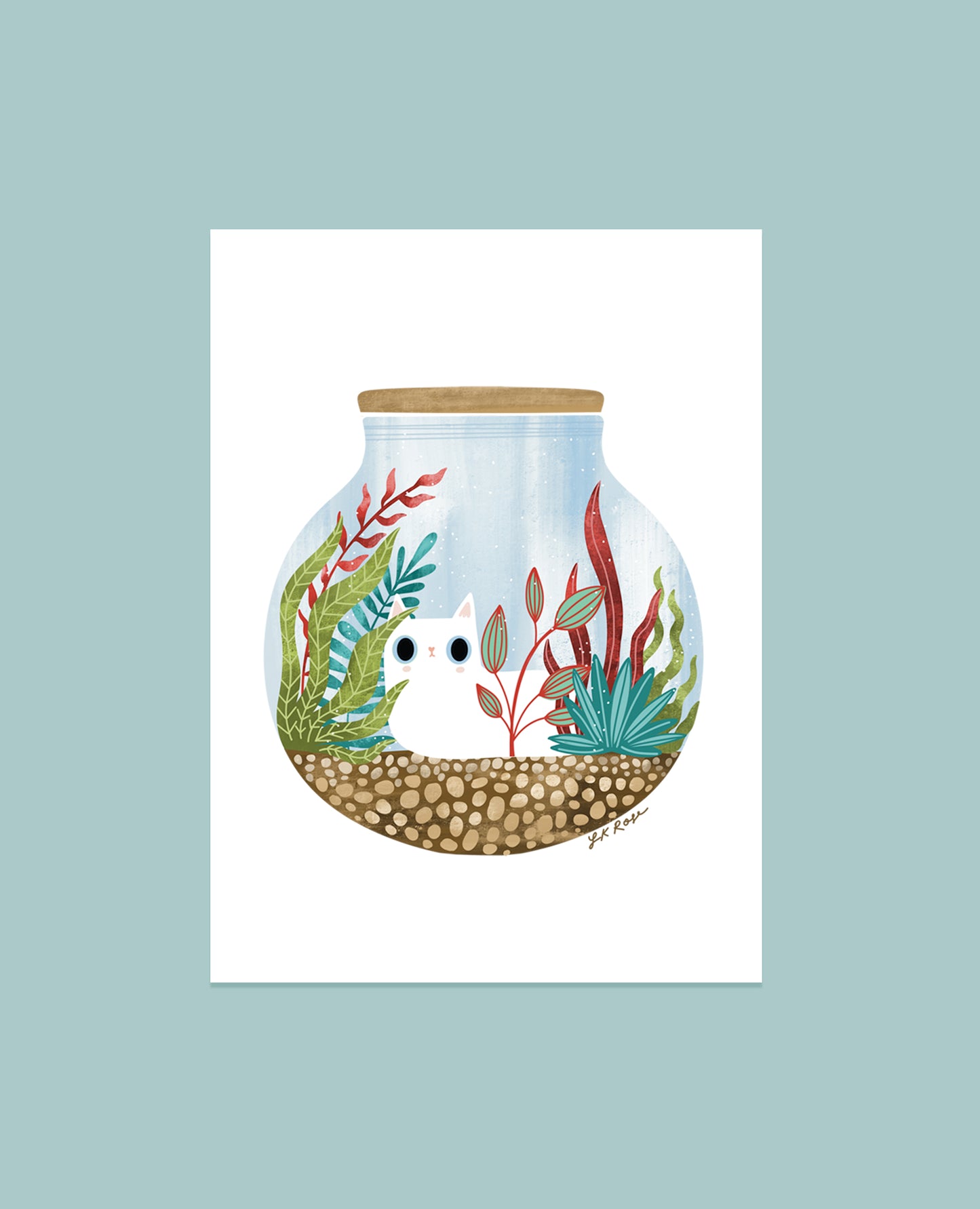 White Cat Purrarium art print - cute kawaii art print - terrarium cat art print