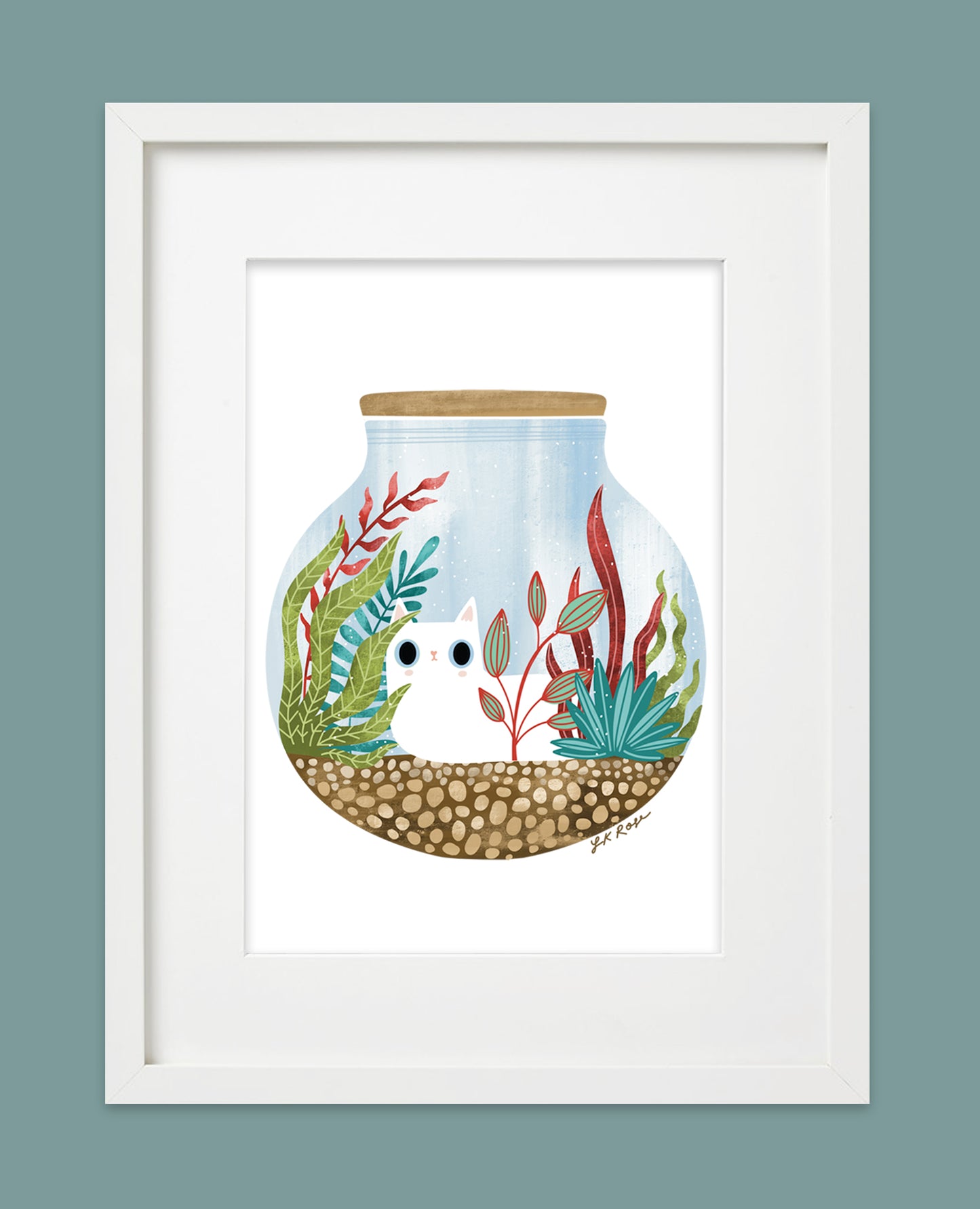 White Cat Purrarium art print - cute kawaii art print - terrarium cat art print