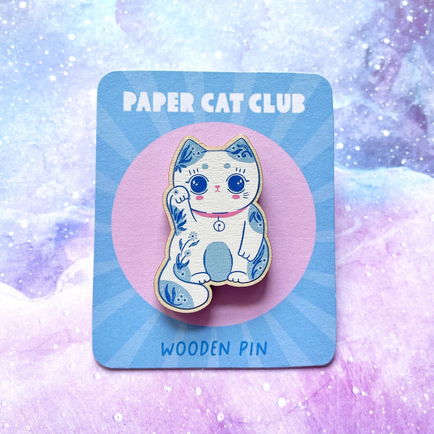 Cute wooden lucky cat pin badge, eco-friendly and kawaii, perfect accessory for bags or jackets
