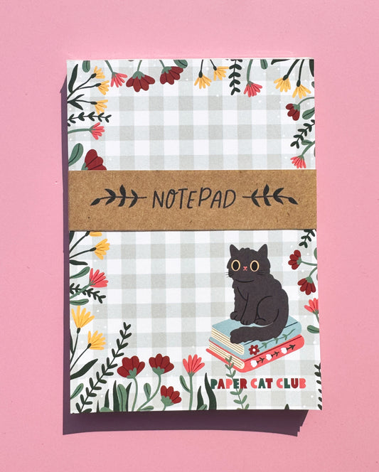 Cozy Book Kitty A6 Notepad - Cute Cat & Gingham small notepad