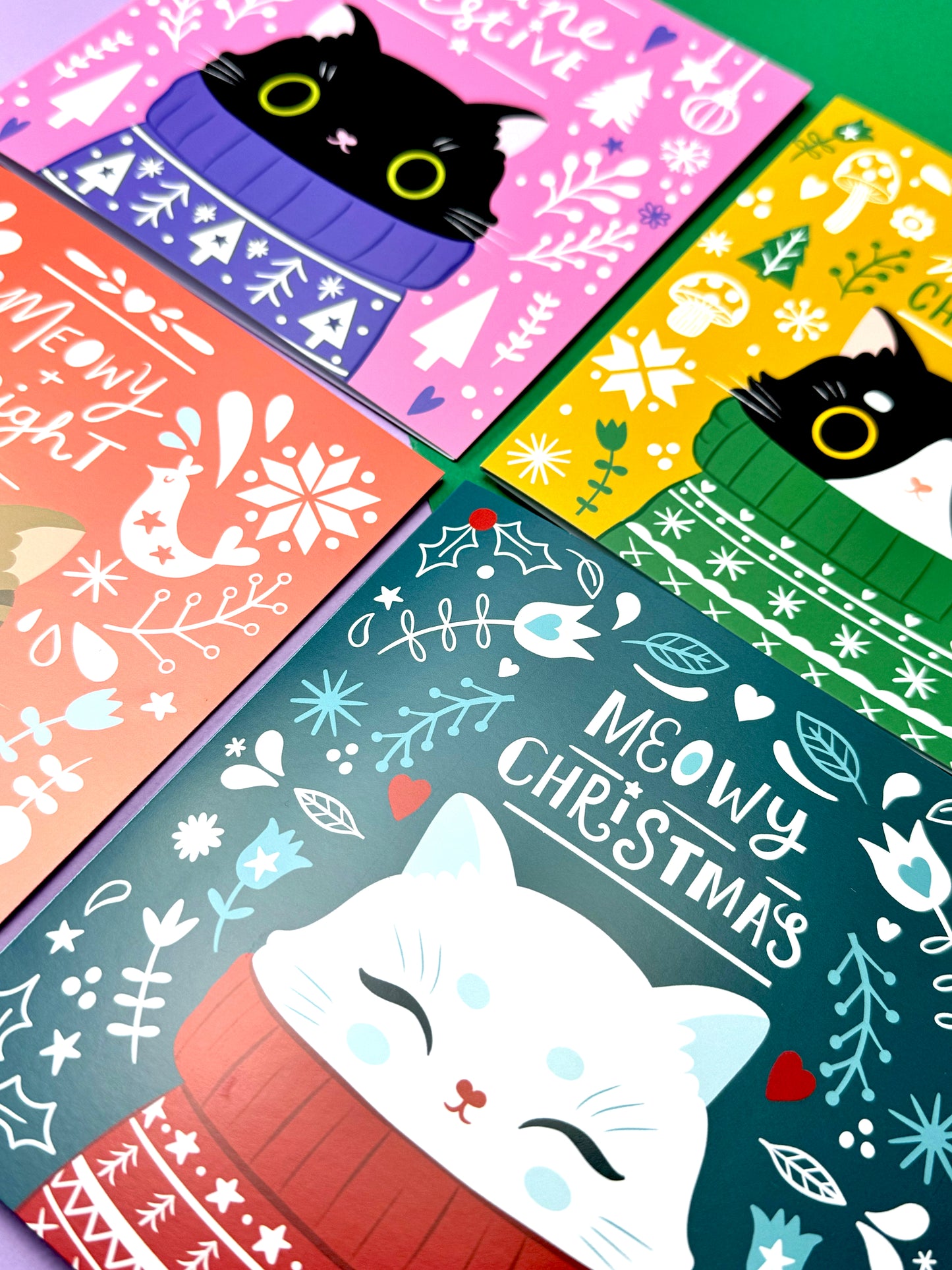 2025 Cozy Nordic Cat Christmas Card Set – Cute Cats in Festive Sweaters