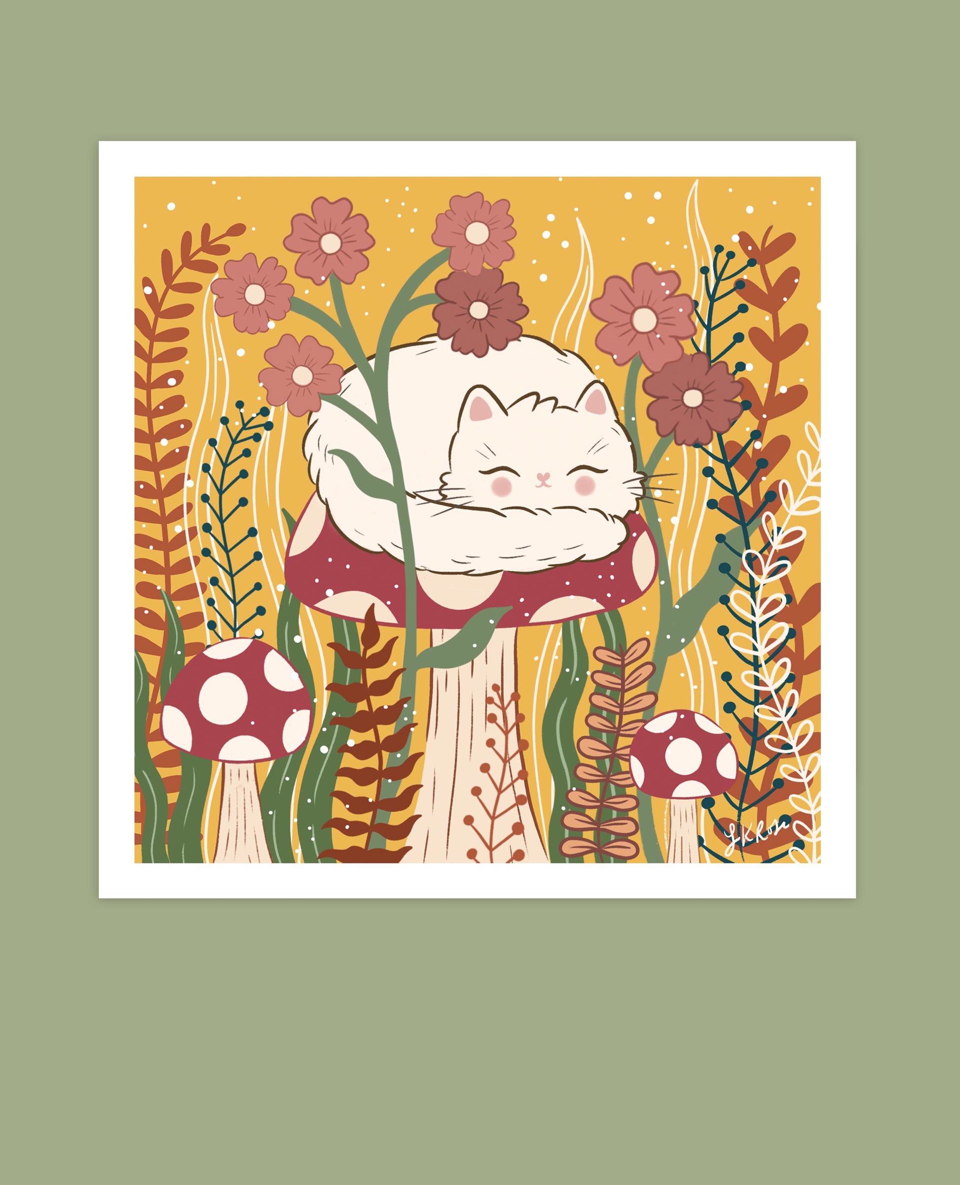Cream cat on toadstool art print, a cute and whimsical autumn scene with a fairytale-like atmosphere.
