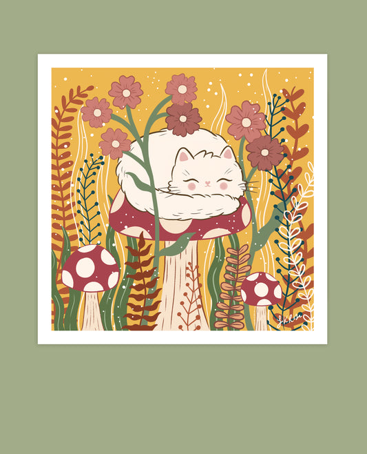 Cream cat on toadstool art print, a cute and whimsical autumn scene with a fairytale-like atmosphere.