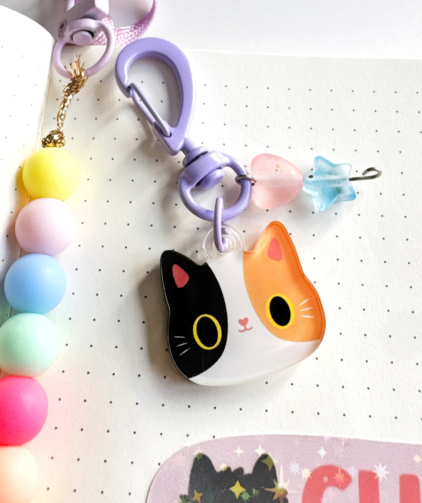 Cute Cat Journal Charm | Kitty Planner Dangle & Clip-On Keychain for Notebooks & Planners