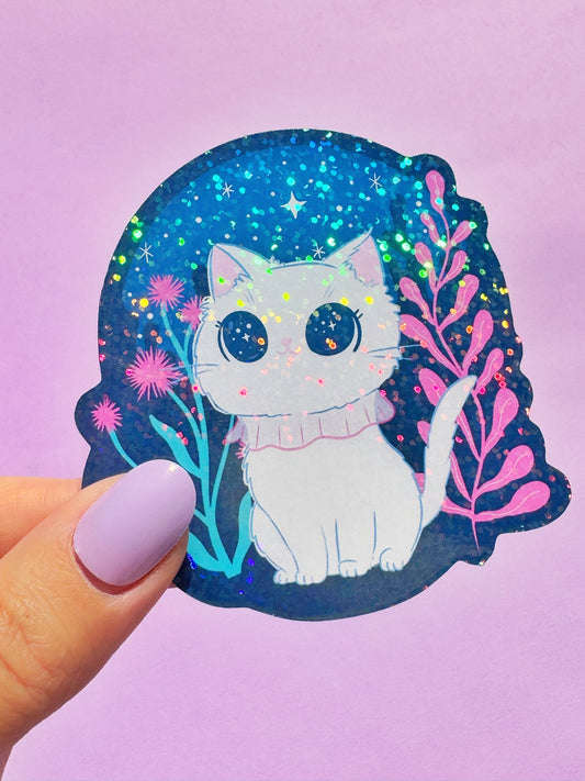 Kawaii white cat stargazer sticker, a cute celestial decal.