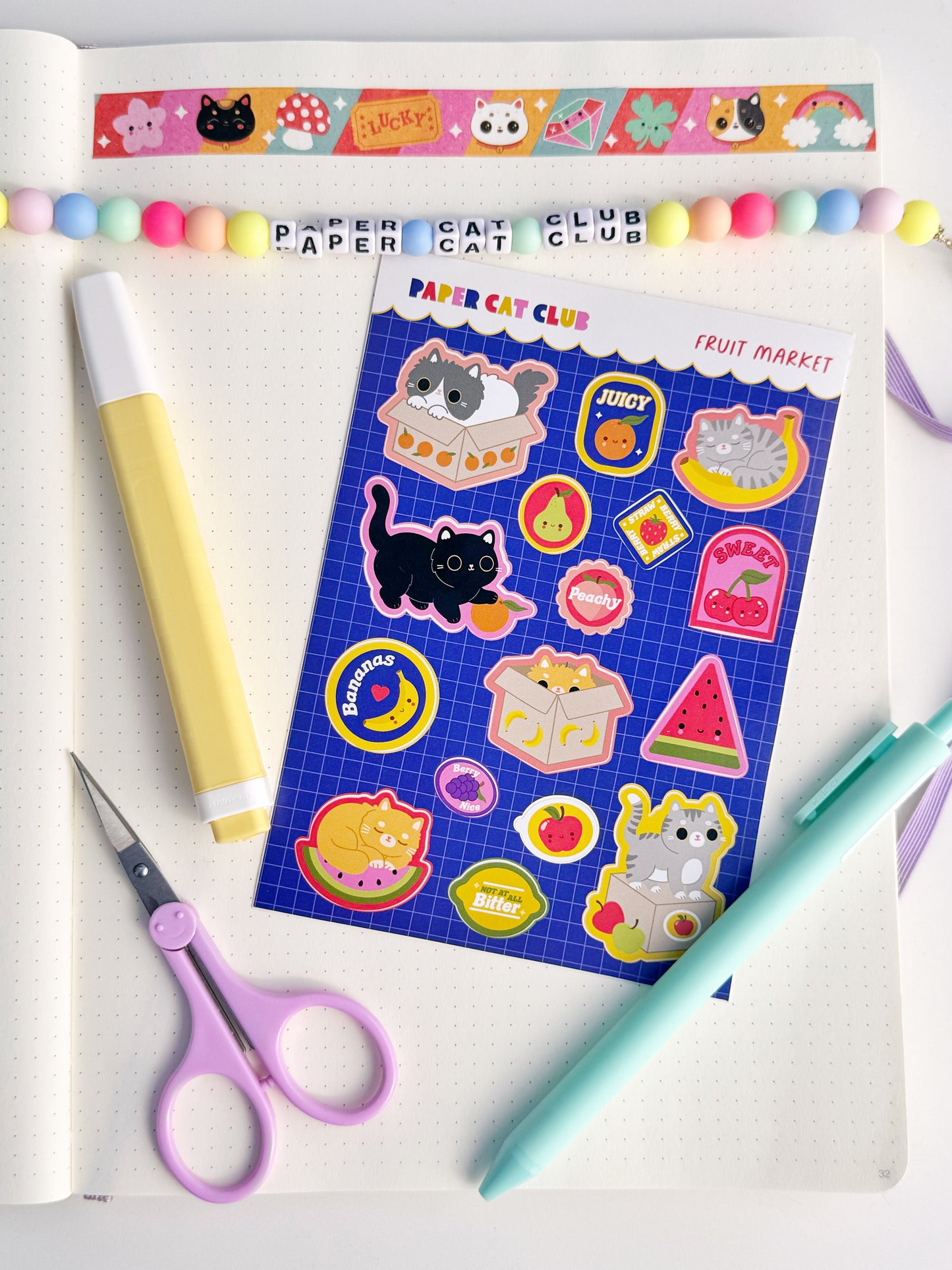 Kawaii Fruit Market Cat Sticker Sheet for Planners