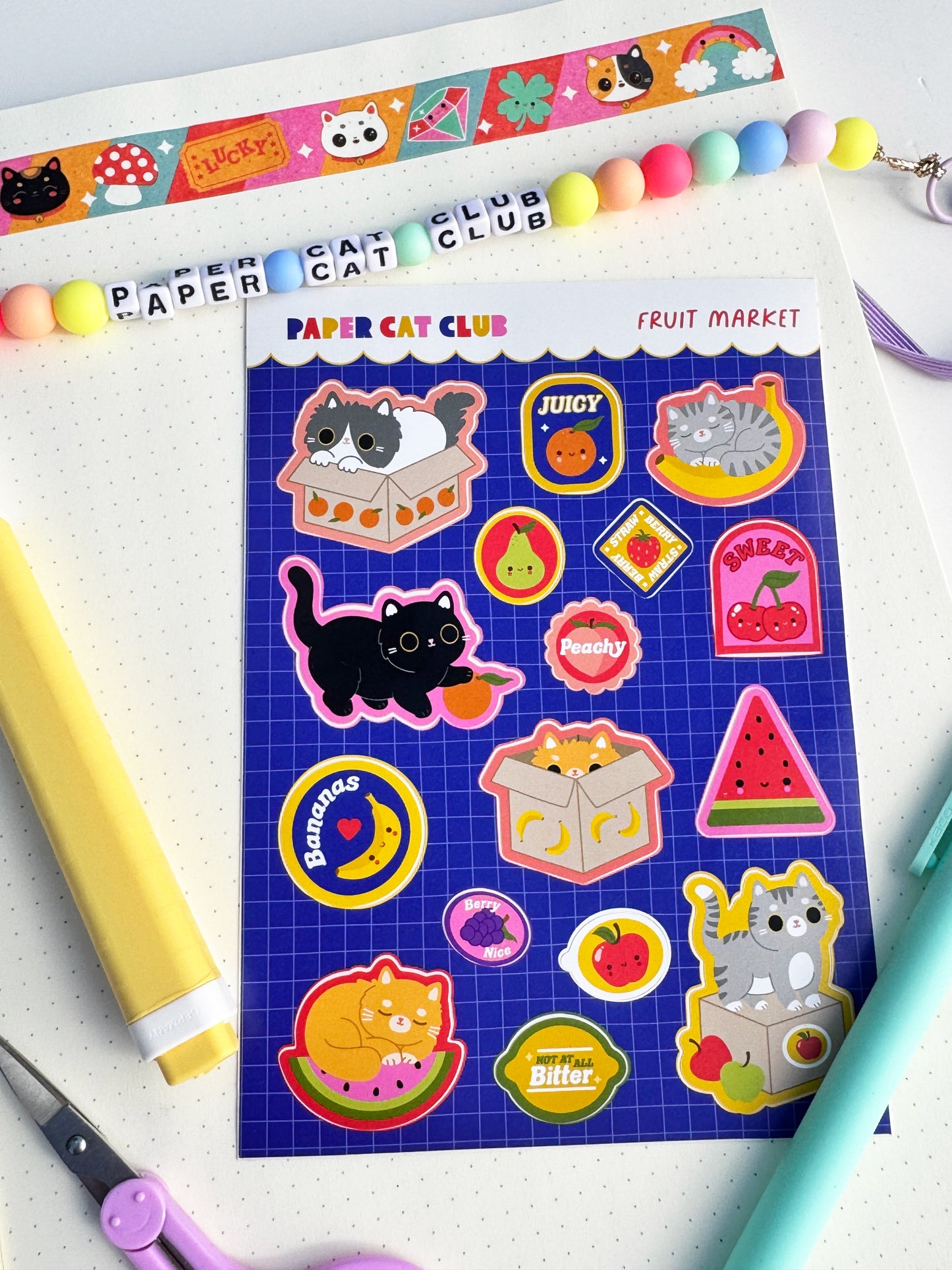 Kawaii Fruit Market Cat Sticker Sheet for Planners