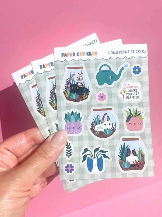Houseplant cat Sticker Sheet - cute and kawaii journal cat stickers - plant journal