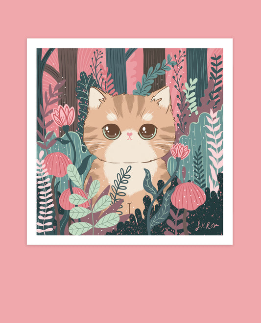 Sweet Kitty Art Print - Pink & Green Floral Dreams, Square art print