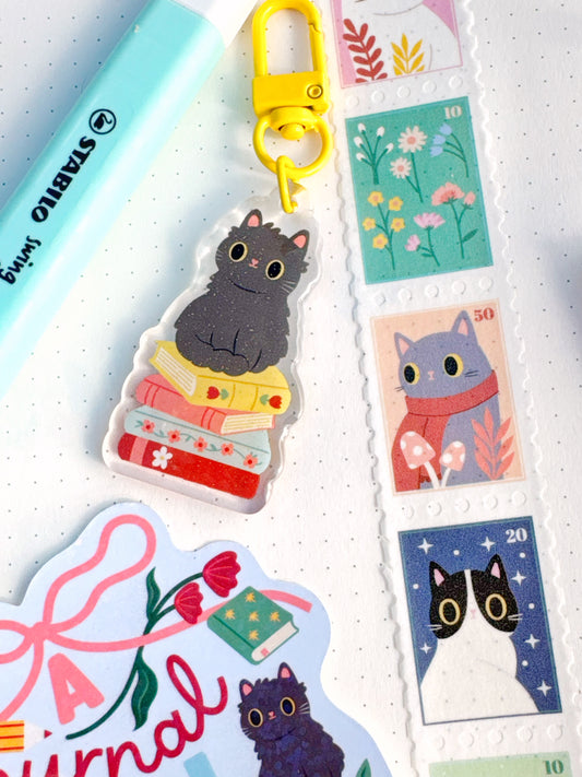 Sparkly Double-Sided Cat on Books Journal Charm