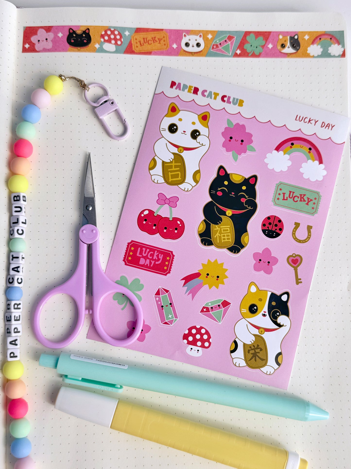 Lucky Day Sticker Sheet - cute stickers with lucky cats and rainbows for journals