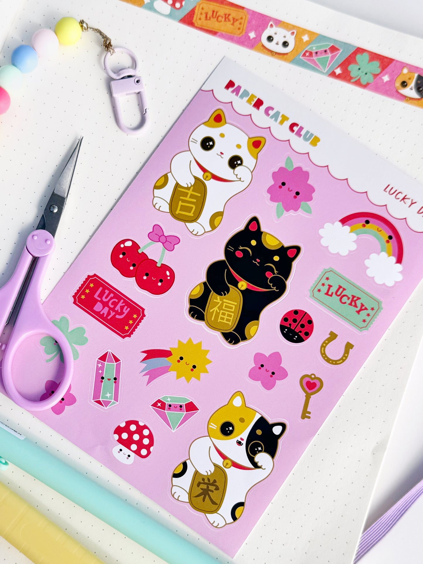 Lucky Day Sticker Sheet - cute stickers with lucky cats and rainbows for journals