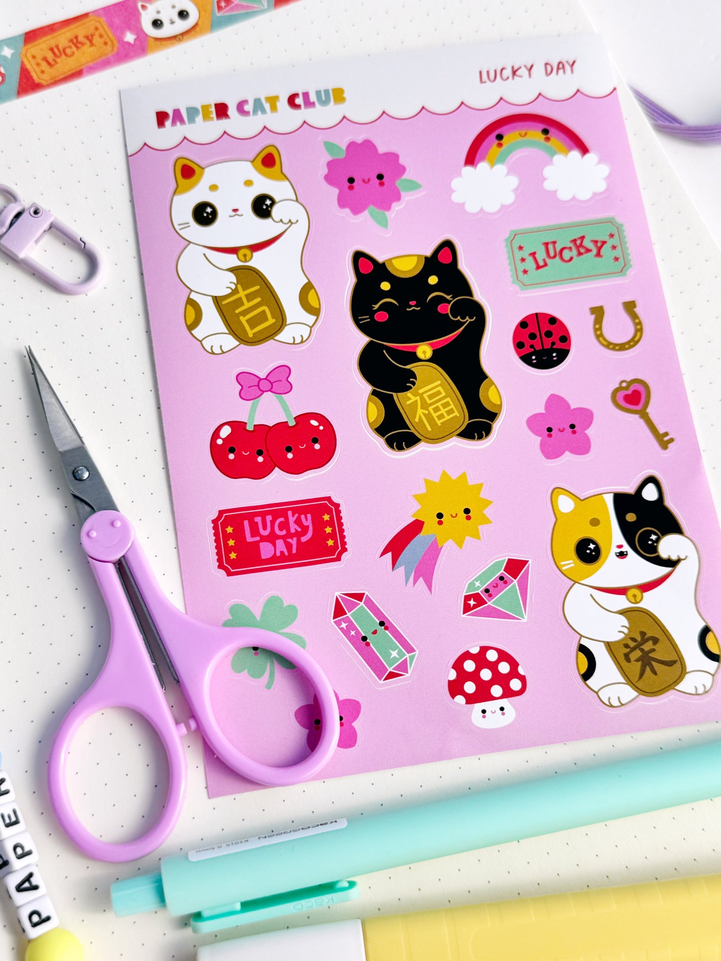 Lucky Day Sticker Sheet - cute stickers with lucky cats and rainbows for journals