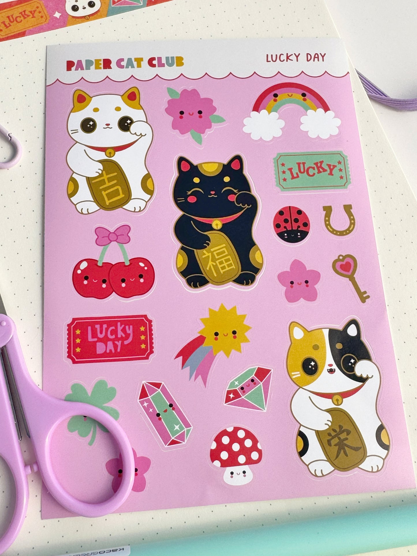 Lucky Day Sticker Sheet - cute stickers with lucky cats and rainbows for journals