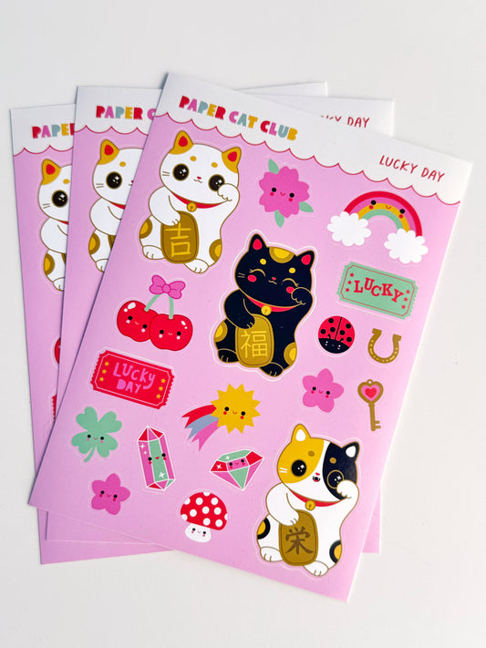 Lucky Day Sticker Sheet - cute stickers with lucky cats and rainbows for journals