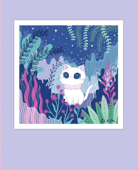 White Cat Stargazer Art Print - Enchanted Forest Night, Cute Celestial Decor