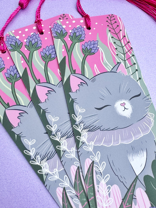 cute cat bookmark with pink tassel - zen kitty in the forest 