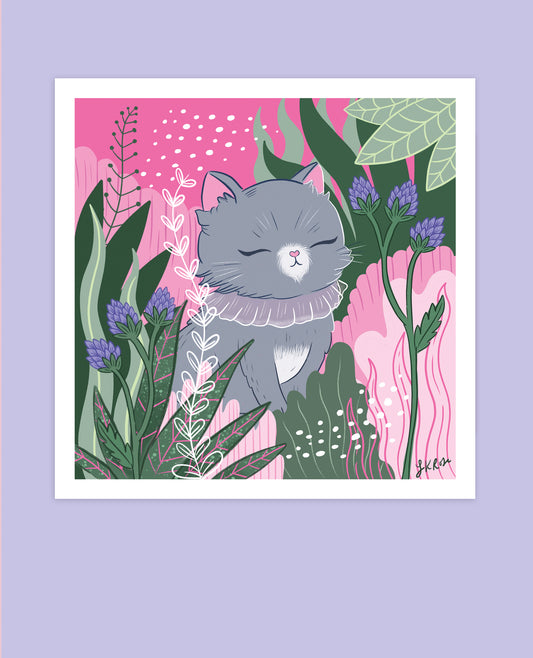 Serene Grey Cat Forest Art Print - Zen Kitty, Bold Pink & Green Woodland