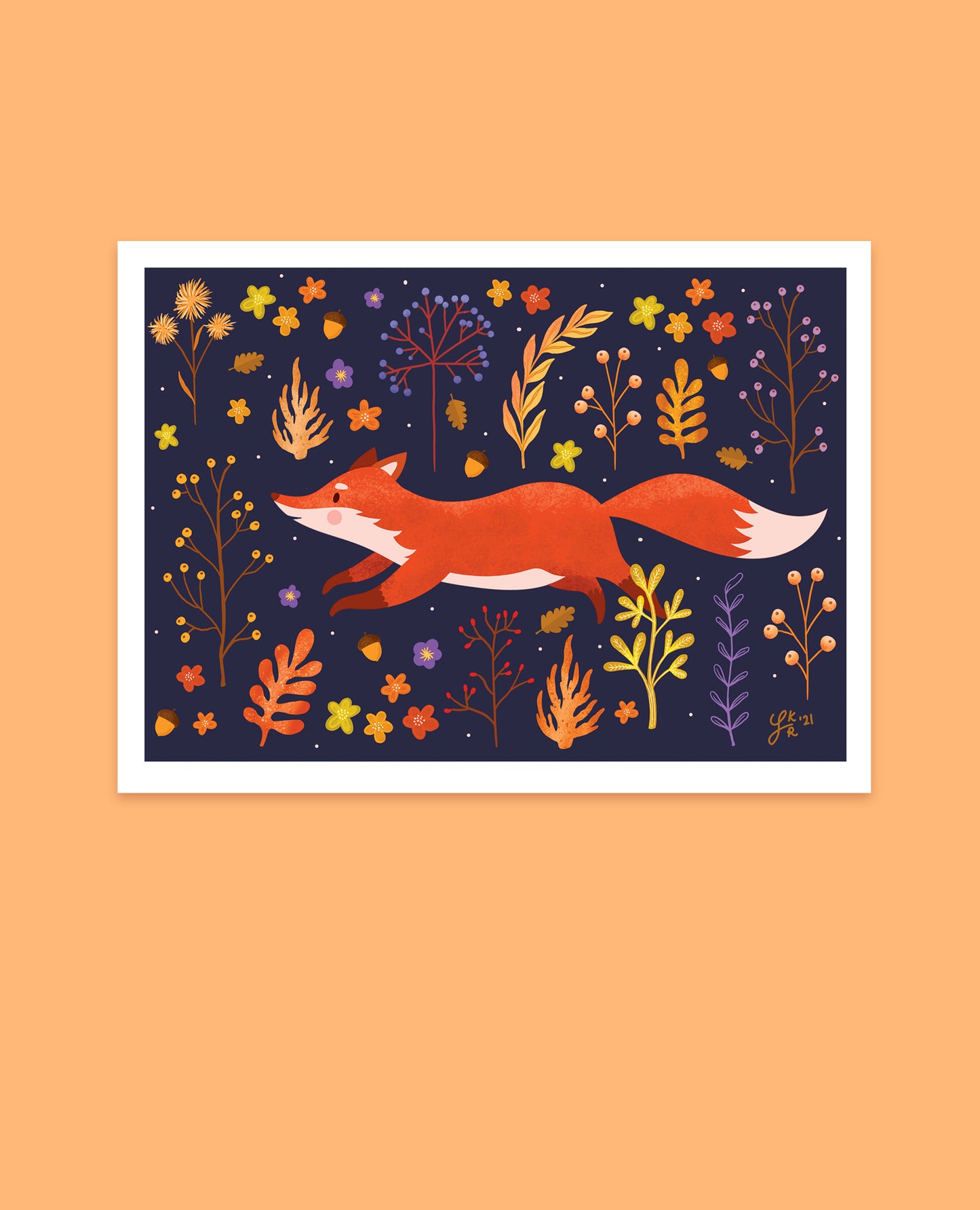 Autumn Fox Art Print featuring a fox in a fall woodland setting. Perfect for cozy autumn decor and fall-themed home decor.