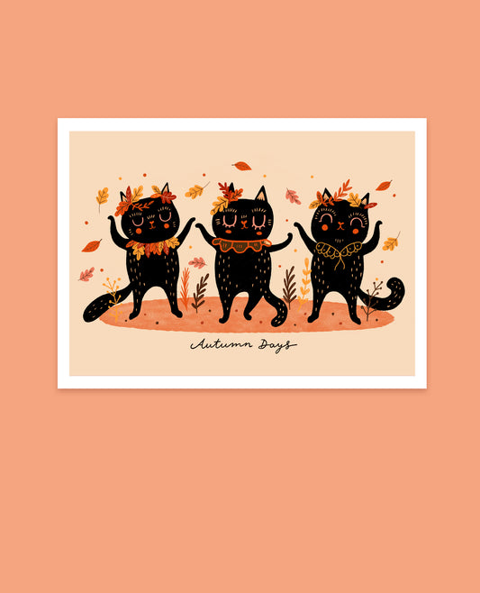 Autumn dancing cats art print, fall cat print with golden colours, cozy cat lover decor, A4 and A5 sizes