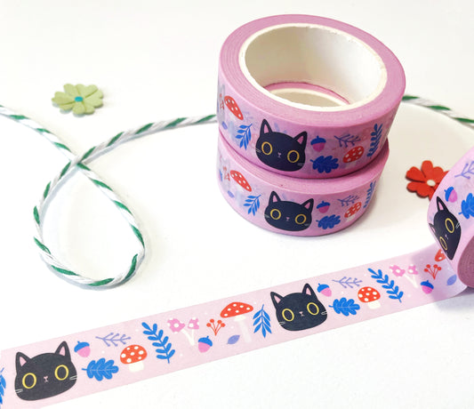Close-up of Black Cat Kawaii Washi Tape featuring playful black cats in a cute and quirky design, perfect for journaling, crafting, and stationery enthusiasts