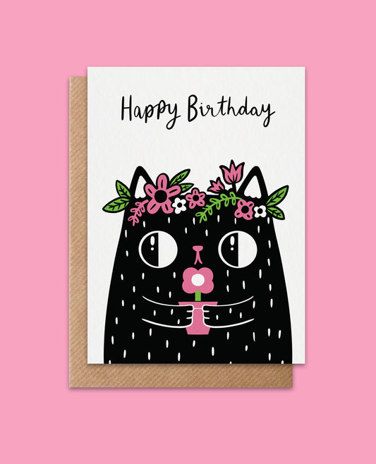Happy birthday black cat floral crown card A6 greeting card on recycled card